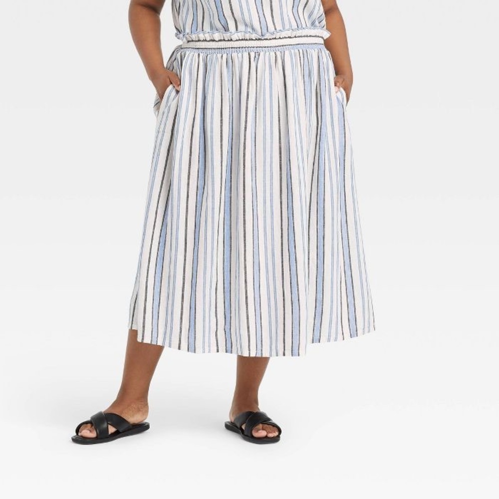 NWOT XXL Women's Smocked Waist Midi Skirt Target Striped Blue White Fit flare